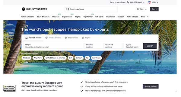 Luxury Escapes home page